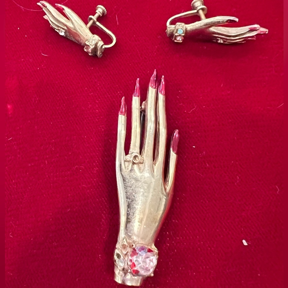 Vintage UnSigned Butler & Wilson 1980s Manicured  Hand brooch and earrings